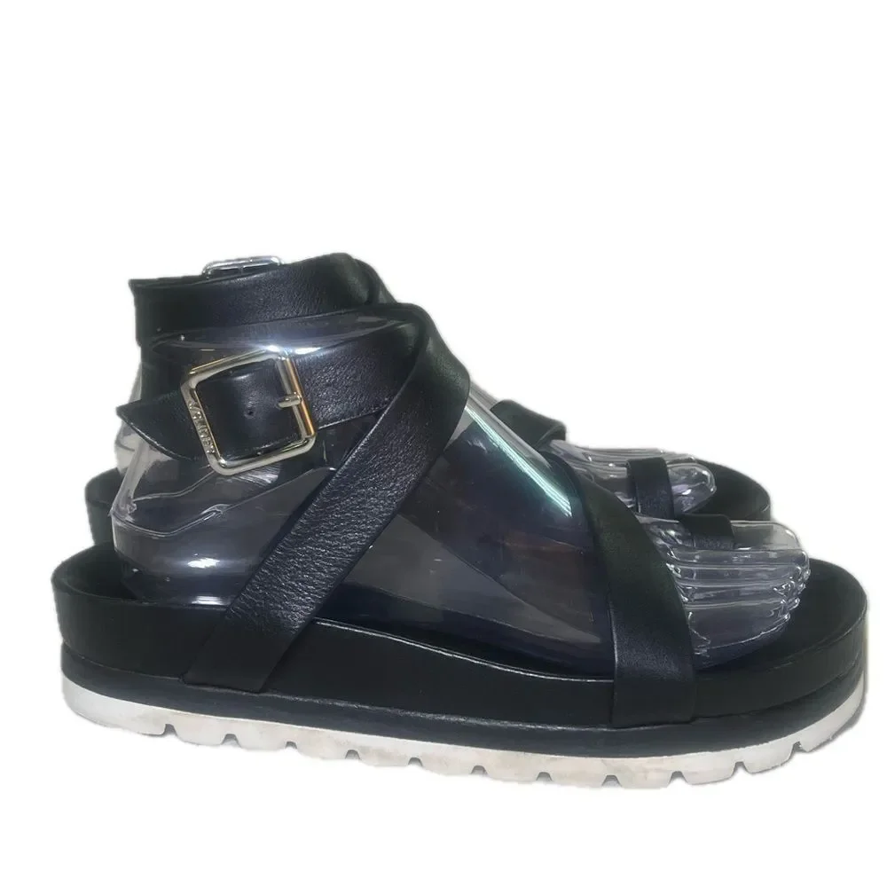 J Slides NYC Black Leather Sandals White Bottom Size 7.5